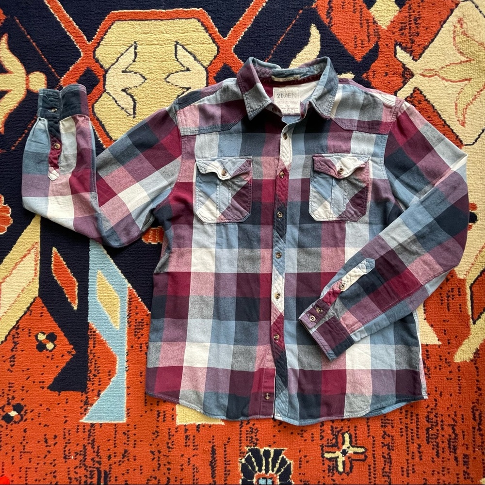 21men Fitted Button Down, Casual, Checkered/Plaid, Long Sleeve, Size Large